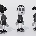 Cartoon Style Game Film Character With Antennae Backpack And Black White Design