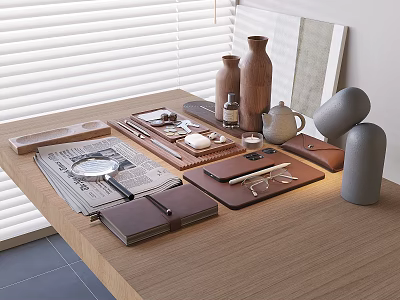 Ornamental Decor Combination With Wooden Vases Leather Notebooks And Geometric Sculptures On Minimalist Desktop 3d model