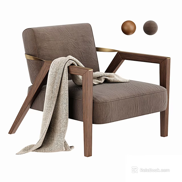 Brown Fabric Accent Chair with Walnut Wood Frame Beige Throw Blanket and Decorative Balls 3d model 