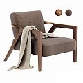 Brown Fabric Accent Chair with Walnut Wood Frame Beige Throw Blanket and Decorative Balls