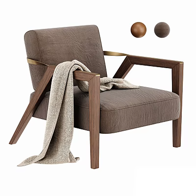 Brown Fabric Accent Chair with Walnut Wood Frame Beige Throw Blanket and Decorative Balls 3d model