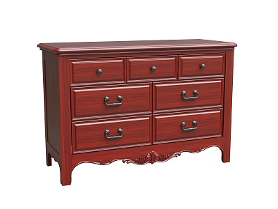 Traditional Dark Red Wooden Dresser With Multiple Drawers And Carved Base 3d model