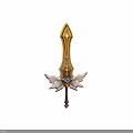 Ornate Golden Sword With Blue Gem White Feathers And Brown Hilt Design