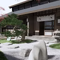 Traditional Japanese Courtyard Garden with Wooden Bridge Stone Lantern Green Statues and Stones