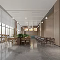 Modern Restaurant Lobby With Large Windows Natural Light Beige Sofas Green Plants And Chandeliers