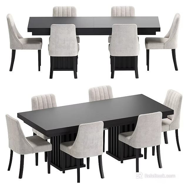 Modern Black Dining Table Set With Light Gray Upholstered Chairs And Tufted Back 3d model