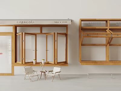 CAPACOLI Coffee Shop Storefront With Wooden Frame Tables Chairs And Display Shelves 3d model