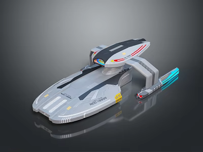 Futuristic Cosmic Exploration Spaceship With Silver Hull Red Accents And Blue Thruster Lights 3d model