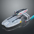 Futuristic Cosmic Exploration Spaceship With Silver Hull Red Accents And Blue Thruster Lights