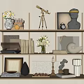 Interior Decorative Ornament Combination with Sculpture Telescope Vase Books and Shelf Decor
