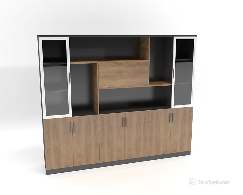 Modern Wooden Bookcase With Glass Doors Open Shelves And Cabinet Storage 3d model 