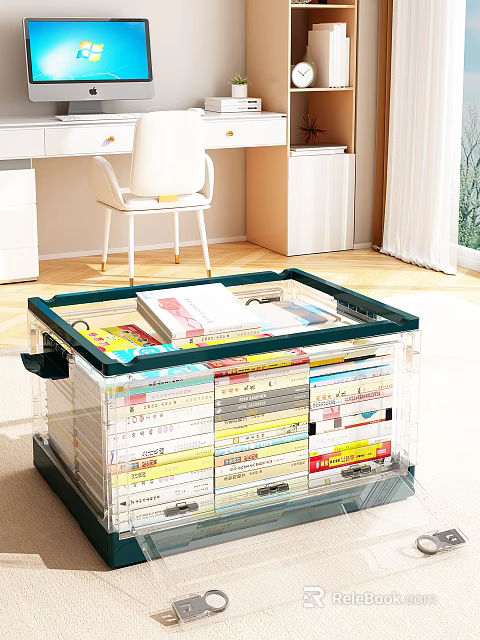 Clear Storage Box Filled With Books Magazines Featuring Green Frame Design 3d model 