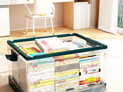 Clear Storage Box Filled With Books Magazines Featuring Green Frame Design 3d model