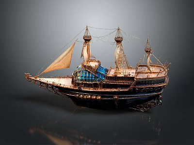 Vintage Sailing Ship Model Featuring Multiple Masts Canvas Sails And Detailed Wooden Structure 3d model