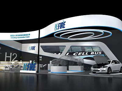 E-FIRE Modern Exhibition Booth With H2 Cell Bus And White Car Display Design 3d model