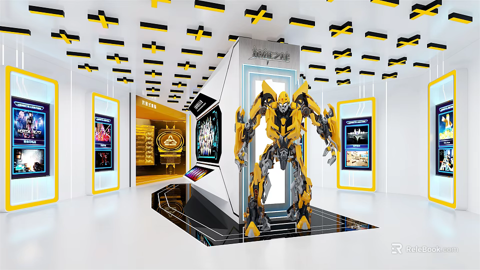 Bumblebee Transformer Model Display In Exhibition Booth With Yellow Black Design And Hi tech Lighting 3d model 
