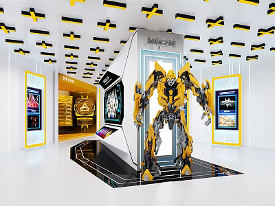Bumblebee Transformer Model Display In Exhibition Booth With Yellow Black Design And Hi tech Lighting 3d model