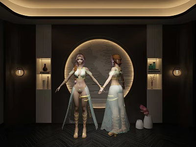 Game Film Characters In Traditional Clothing Standing By Circular Background Room 3d model