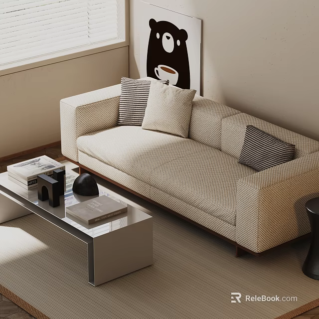 Modern Two Seater Sofa With Patterned Cushions Coffee Table Decorative Items And Minimalist Wall Art 3d model 