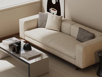 Modern Two Seater Sofa With Patterned Cushions Coffee Table Decorative Items And Minimalist Wall Art 3d model
