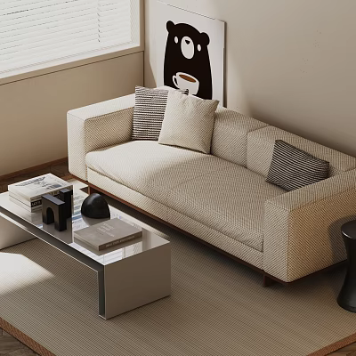 Modern Two Seater Sofa With Patterned Cushions Coffee Table Decorative Items And Minimalist Wall Art 3d model