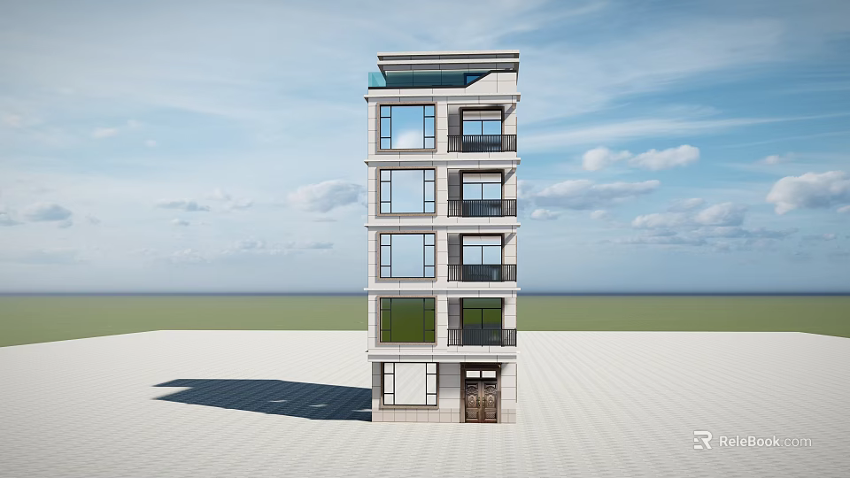 Modern Multi Story Detached Villa With Stone Exterior Large Windows Balconies And Flat Roof 3d model 
