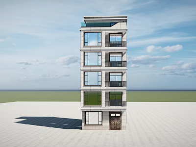Modern Multi Story Detached Villa With Stone Exterior Large Windows Balconies And Flat Roof 3d model
