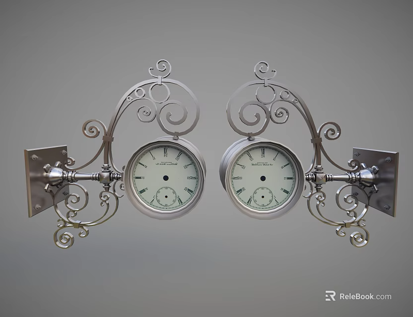 Pair of Ornate Metal Wall Clocks With Intricate Scrollwork Design 3d model 