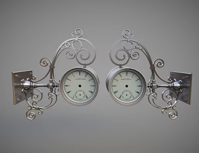Pair of Ornate Metal Wall Clocks With Intricate Scrollwork Design 3d model