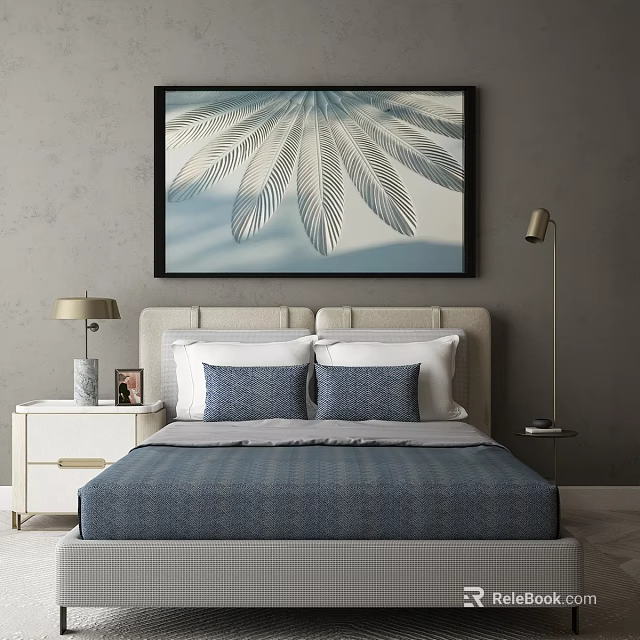Modern Double Bed With Blue Striped Bedding Decorative Leaf Painting Table And Floor Lamps 3d model 