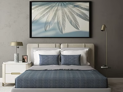 Modern Double Bed With Blue Striped Bedding Decorative Leaf Painting Table And Floor Lamps 3d model