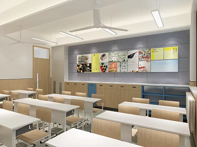 School Classroom Interior With White Desks Wooden Chairs And Colorful Bulletin Boards 3d model