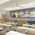 School Classroom Interior With White Desks Wooden Chairs And Colorful Bulletin Boards