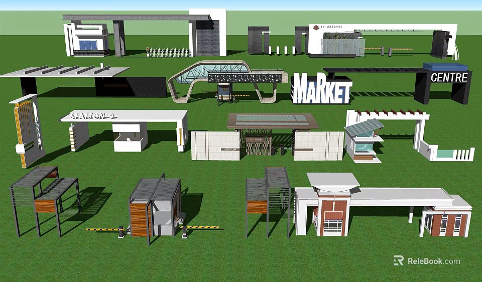 Modern Market Entrance Gate Designs With Metal Frames And Glass Structures 3d model 