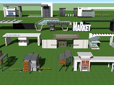 Modern Market Entrance Gate Designs With Metal Frames And Glass Structures 3d model