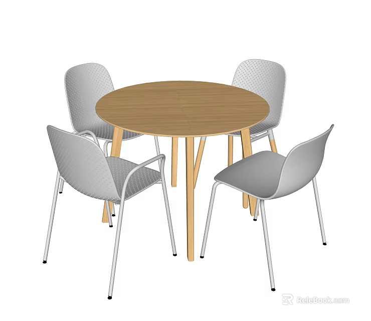 Round Wooden Dining Table Set With Four Gray Metal Frame Chairs 3d model