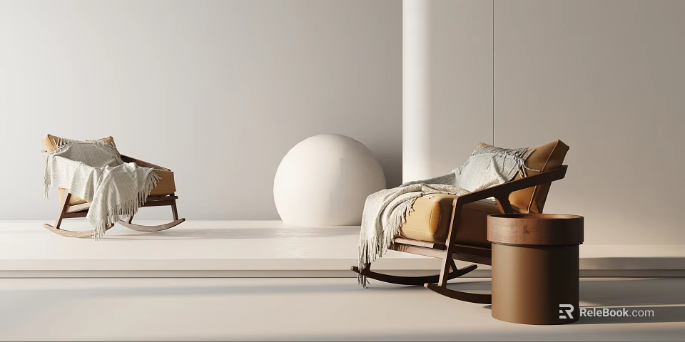 Stylish Rocking Leisure Chair With Soft Blanket And White Spherical Decor In Bright Minimalist Space 3d model 