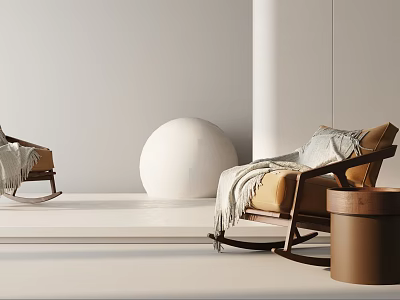 Stylish Rocking Leisure Chair With Soft Blanket And White Spherical Decor In Bright Minimalist Space 3d model