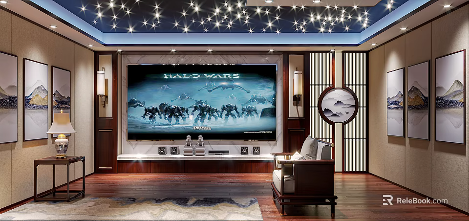 Home Theater Room With Starry Ceiling Large Screen And Chinese Decor 3d model 