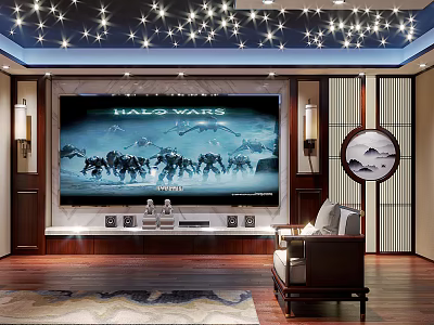 Home Theater Room With Starry Ceiling Large Screen And Chinese Decor 3d model