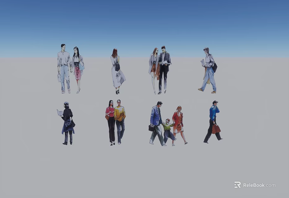 People In Various Poses With Different Clothing On Gray Ground And Blue Sky 3d model 