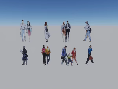 People In Various Poses With Different Clothing On Gray Ground And Blue Sky 3d model