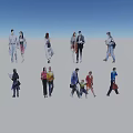 People In Various Poses With Different Clothing On Gray Ground And Blue Sky
