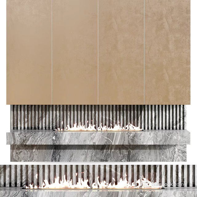 Modern Fireplace Interior Design With Marble Mantel Stone Panels And Flames 3d model