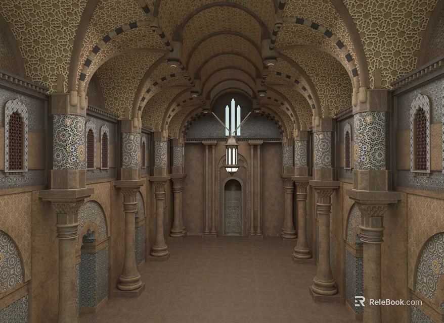 Traditional Hotel Lobby With Arched Ceiling Intricate Patterns And Stained Glass Windows 3d model 