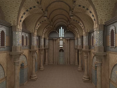Traditional Hotel Lobby With Arched Ceiling Intricate Patterns And Stained Glass Windows 3d model