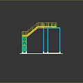 Industrial Steel Structure Stairs With Yellow Green Railings And Blue Support Platform