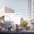 Modern Urban Building With Grid Facade Green Roof And Pedestrian Area In Tree Lined Environment
