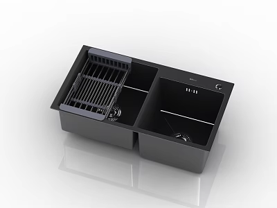 Black Modern Kitchen Sink With Double Bowl And Drying Rack 3d model