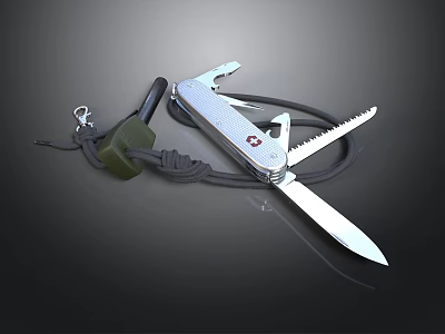 Practical Multitool Knife Featuring Blade Serrated Edge Bottle Opener Green Tool Pouch And Black Lanyard 3d model